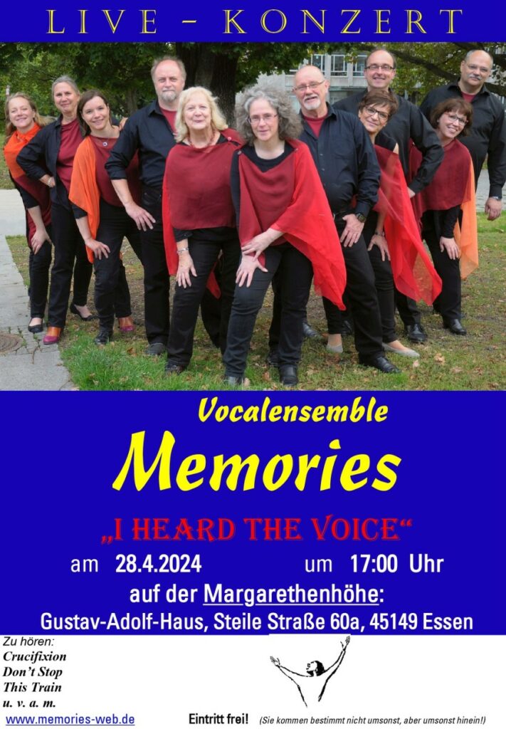 Plakat zur Ankündigung des Konzerts des Vokalensemble Memories am 28.04.24
